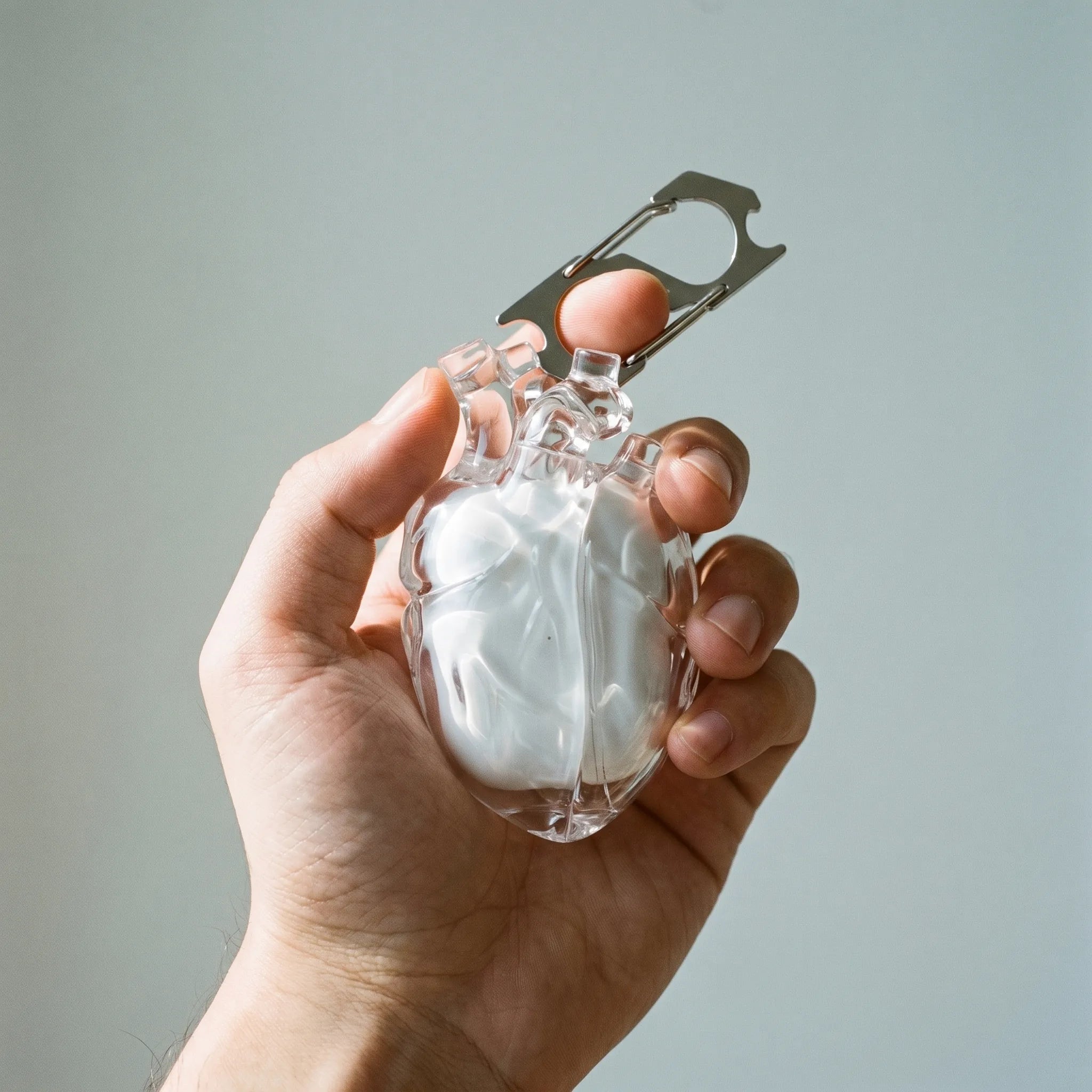 Hand holding the clear anatomical heart AirPods case, showing its true size