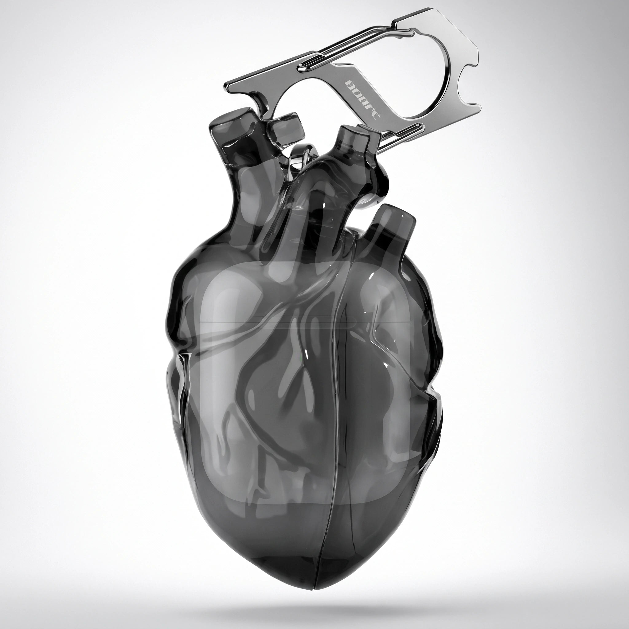 Black smoky anatomical heart AirPods case with its steel carabiner on white